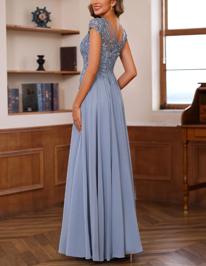 Abito lungo in chiffon grigio blu con pizzo a patchwork