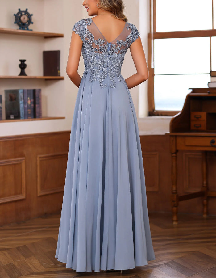 Abito lungo in chiffon grigio blu con pizzo a patchwork