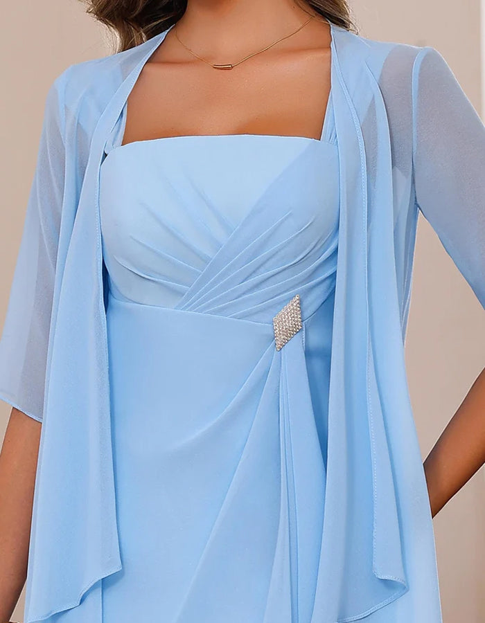 Light Blue Chiffon Strapless Layered Dress Suit