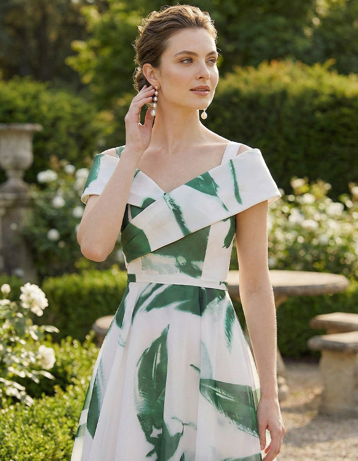 White Background With Green Flowers Midi Dress