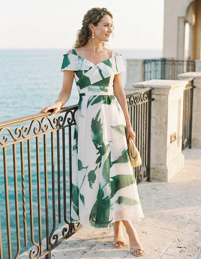 White Background With Green Flowers Midi Dress