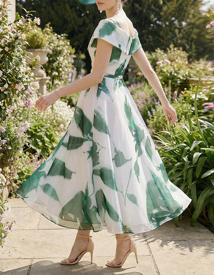 White Background With Green Flowers Midi Dress