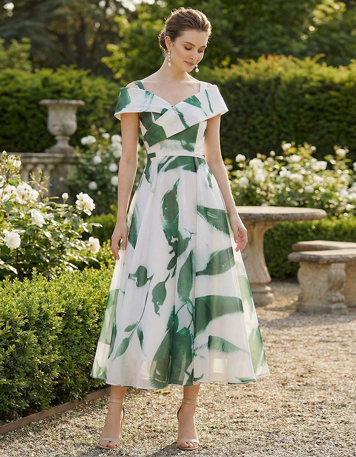 White Background With Green Flowers Midi Dress