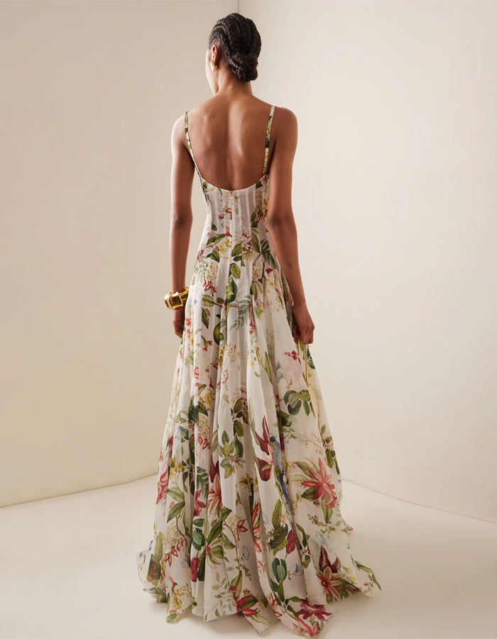 Robe maxi en mousseline à imprimé botanique tropical et bretelles fines