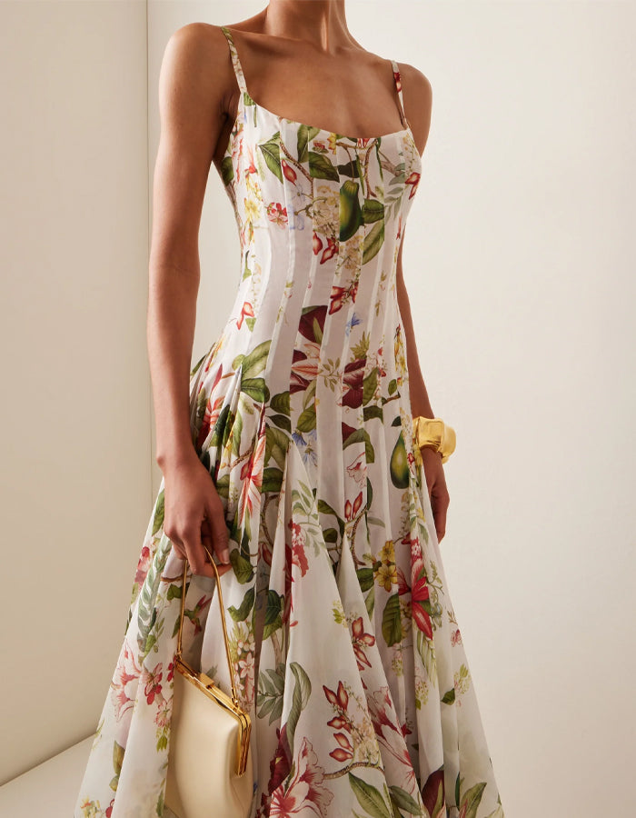 Robe maxi en mousseline à imprimé botanique tropical et bretelles fines