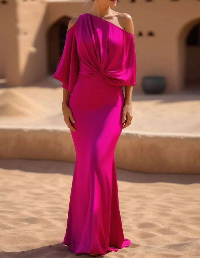 Rochie maxi roz roșu din satin, cu o singură bretea răsucită și coadă de pește