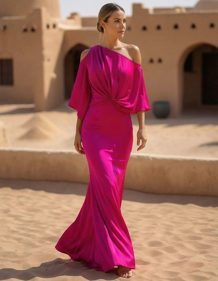 Rose Red Satin One-Shoulder Twisted Fishtail Maxi Dress
