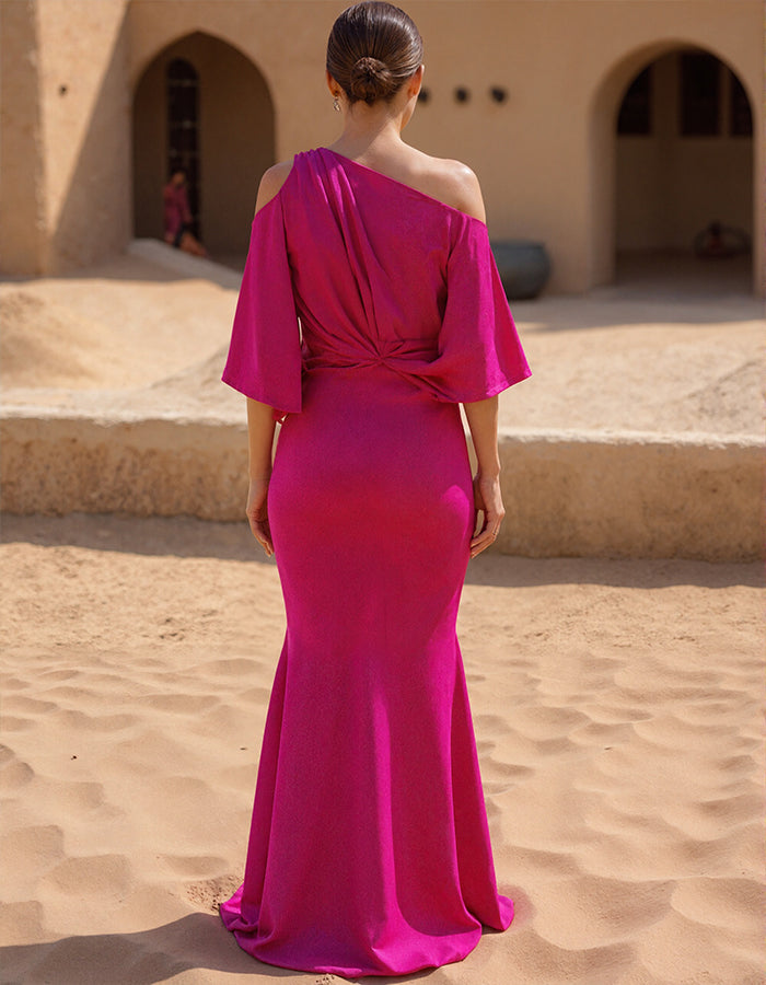 Rose Red Satin One-Shoulder Twisted Fishtail Maxi Dress