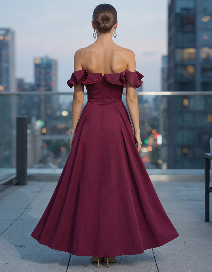 Burgundy Off Shoulder Ruffled Wide Leg Jumpsuit