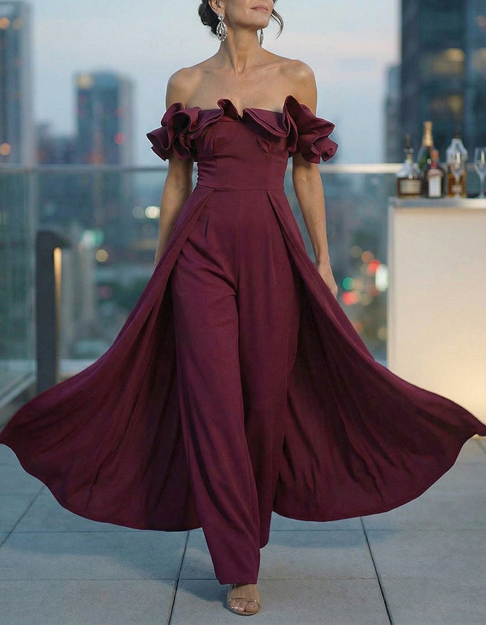 Burgundy Off Shoulder Ruffled Wide Leg Jumpsuit