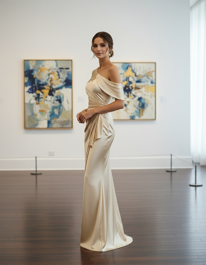 Robe longue en satin à dentelle et une épaule