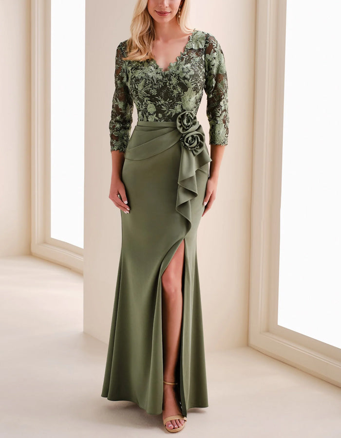Vestido Maxi com Cauda de Peixe, Renda em Patchwork e Flor 3D, Cor Sólida