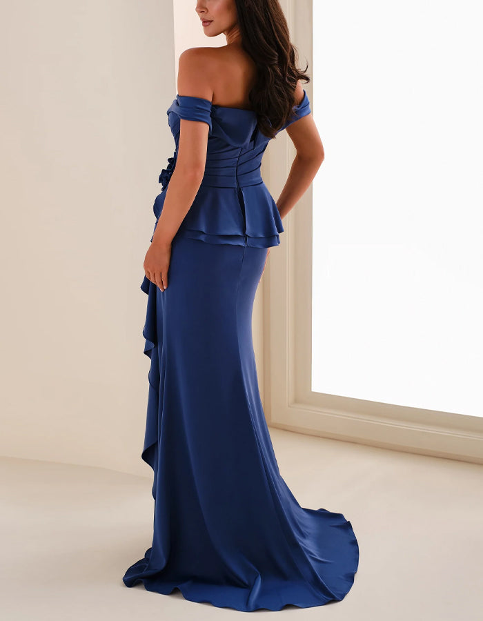 Maxi-jurk met effen kleur, satijn, off-shoulder, 3D bloemen, ruches en visstaartzoom