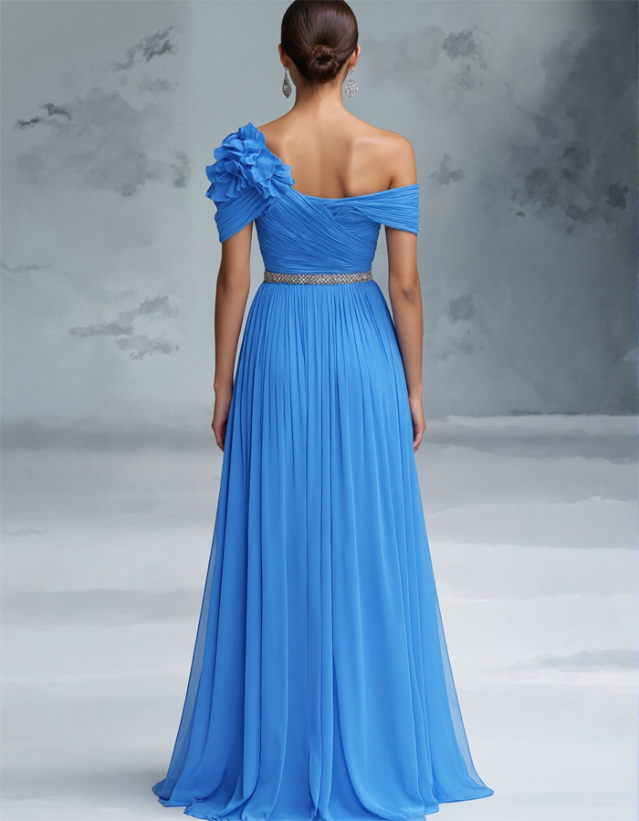 Vestido Maxi de Chiffon Plissado com Padrão Floral 3D