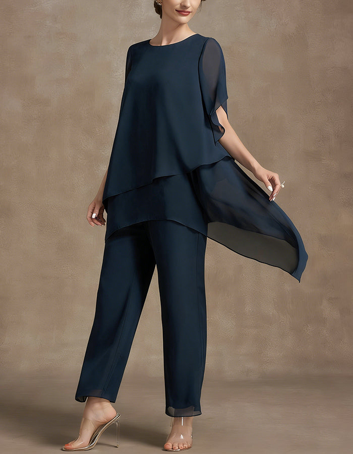 Marineblauw chiffon tweedelig pak met gelaagde mouwen en wijde pijpen