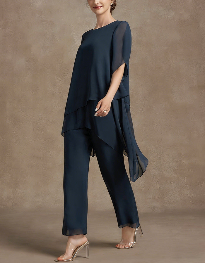 Fato de 2 Peças de Chiffon Azul Marinho com Mangas em Camadas e Calças de Perna Larga