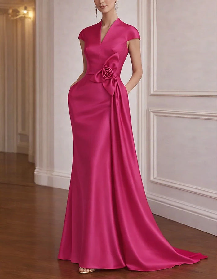 Vestido maxi de satén de color sólido con flores 3D y cola