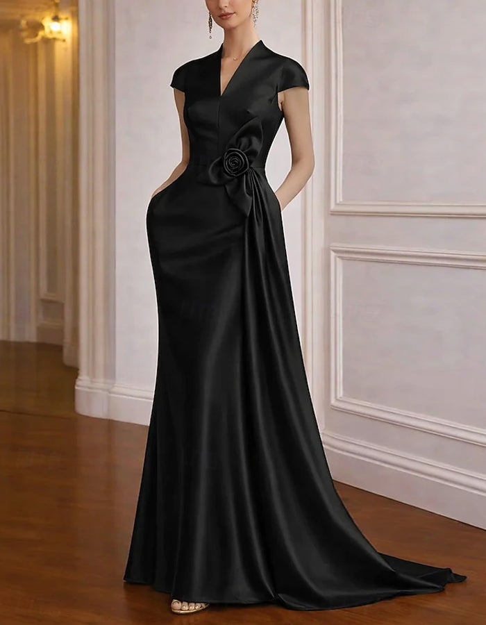 Rochie maxi cu trenă, culoare solidă, din satin cu flori 3D
