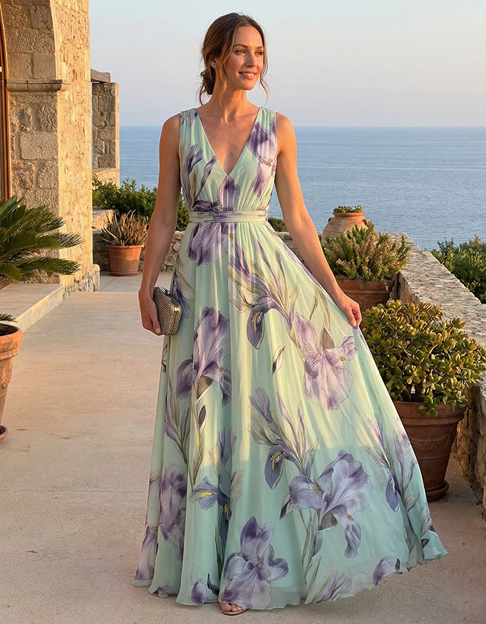 Vestido maxi de gasa verde menta con estampado de iris