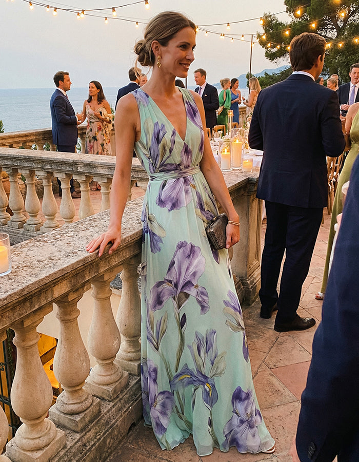 Vestido maxi de gasa verde menta con estampado de iris