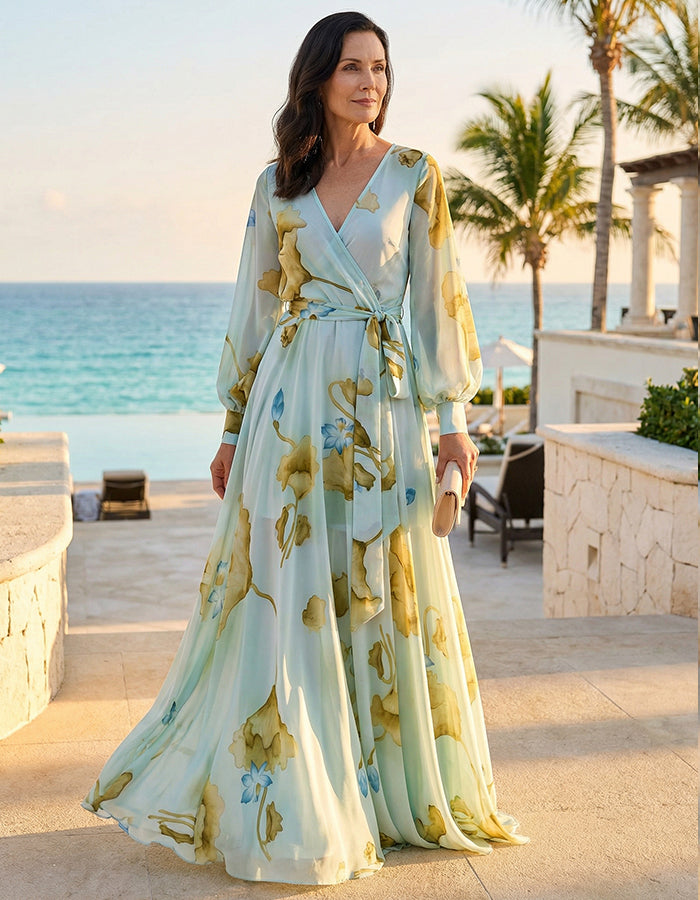 Maxikleid aus mintgrünem, geblümtem Chiffon mit Taillenschleife  