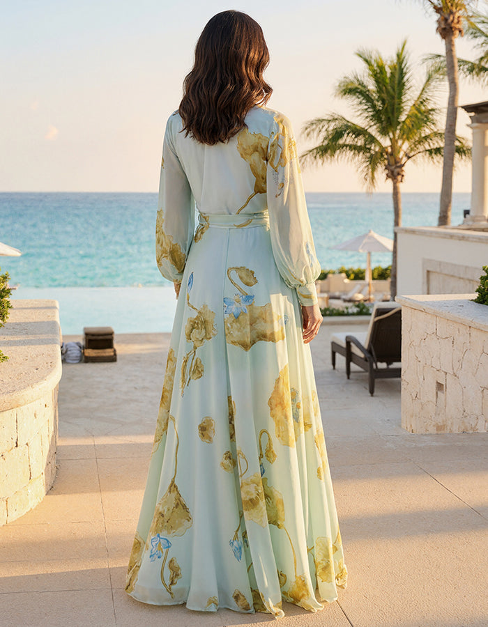 Maxikleid aus mintgrünem, geblümtem Chiffon mit Taillenschleife  
