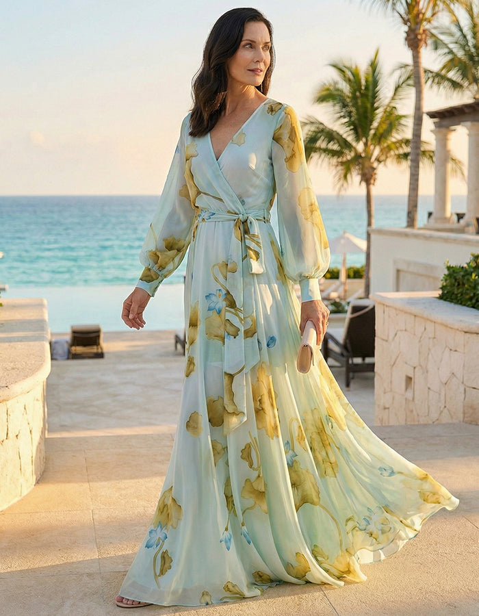Maxikleid aus mintgrünem, geblümtem Chiffon mit Taillenschleife  