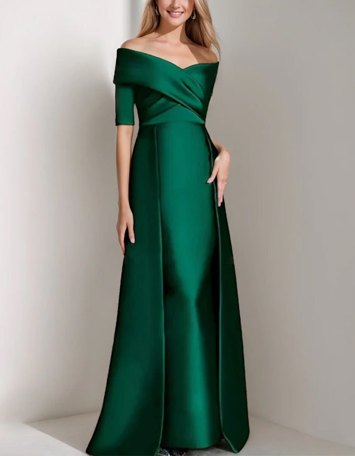 Green Satin Off Shoulder Knotted Maxi Dress