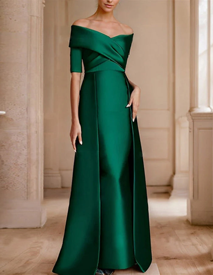 Rochie maxi verde din satin, cu umerii goi și nod