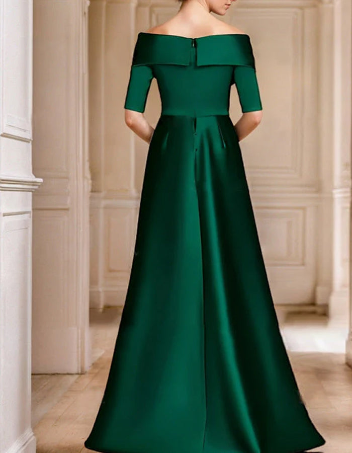 Rochie maxi verde din satin, cu umerii goi și nod