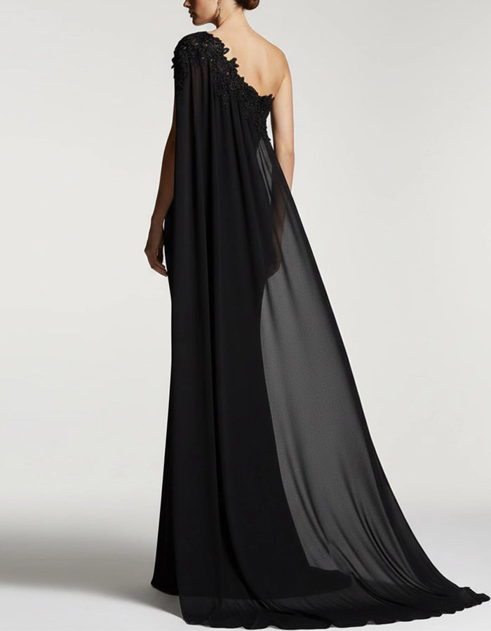 Vestido maxi de color sólido con encaje, un solo hombro y capa con cola de pez