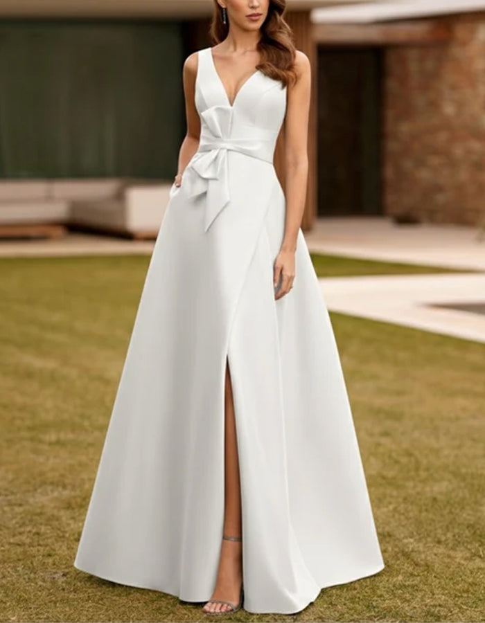 Rochie maxi din satin, culoare solidă, cu decolteu adânc în V, fundă și crăpătură înaltă