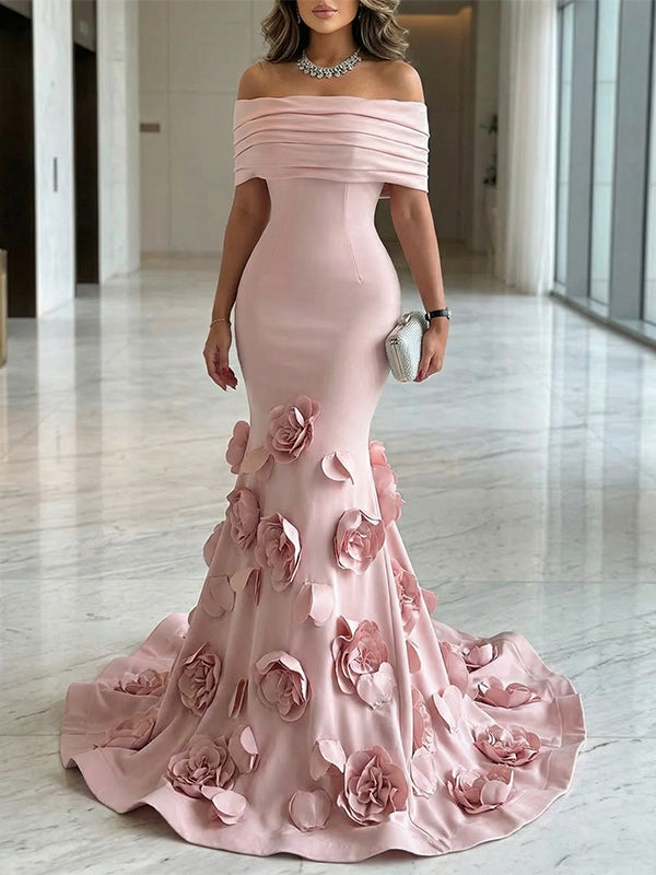 Pink Satin Off Shoulder 3D Floral Train Maxi Dress
