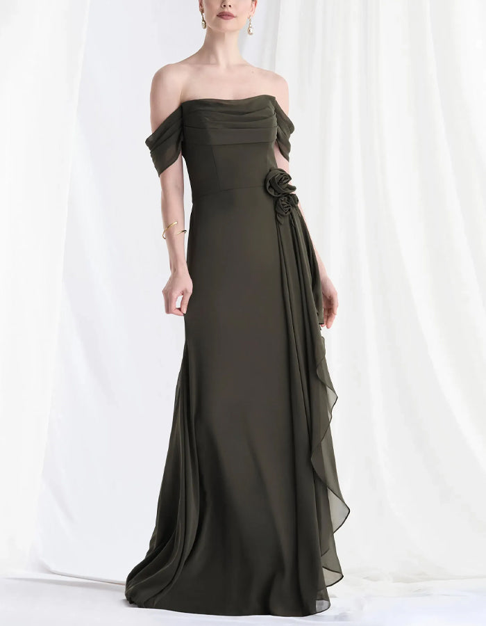 Hunter Green Chiffon Off Shoulder 3D Floral  Maxi Dress
