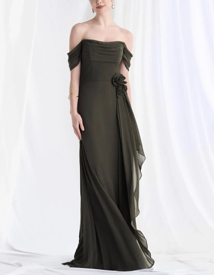 Hunter Green Chiffon Off Shoulder 3D Floral  Maxi Dress