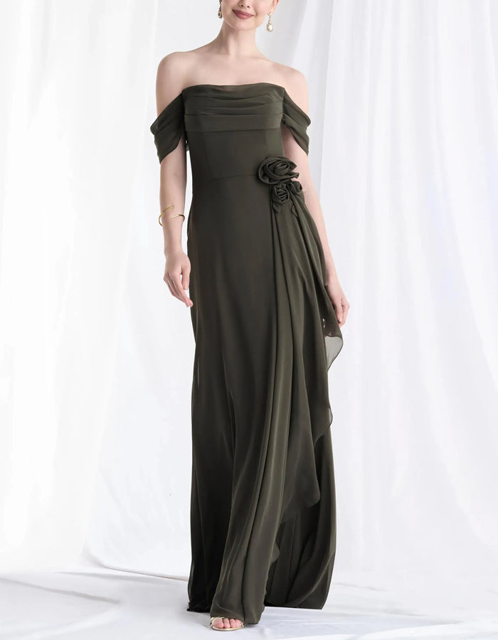 Hunter Green Chiffon Off Shoulder 3D Floral  Maxi Dress
