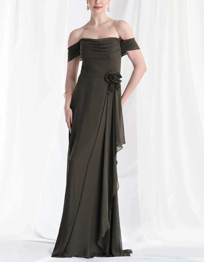 Hunter Green Chiffon Off Shoulder 3D Floral  Maxi Dress