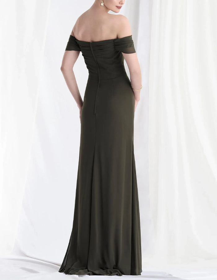 Hunter Green Chiffon Off Shoulder 3D Floral  Maxi Dress