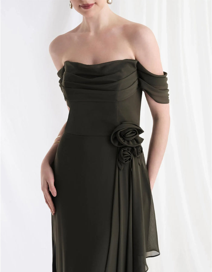 Hunter Green Chiffon Off Shoulder 3D Floral  Maxi Dress