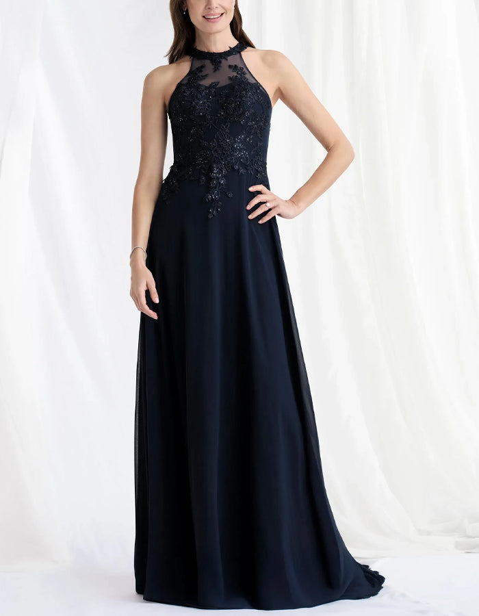Vestido maxi chiffon azul marinho com decote halter e renda