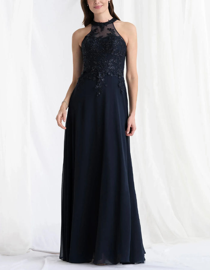 Abito lungo in chiffon blu navy con collo all'americana e pizzo