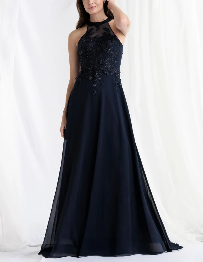 Rochie maxi bleumarin din șifon, cu guler halter și dantelă