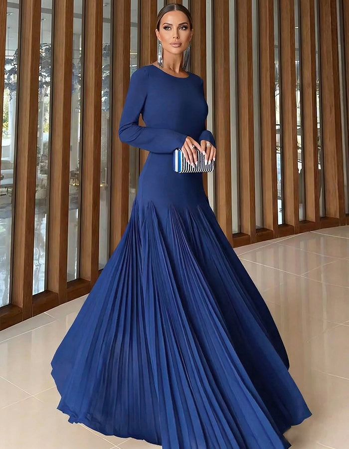 Königsblaues Maxikleid mit langen Ärmeln, plissiertem Fischschwanz