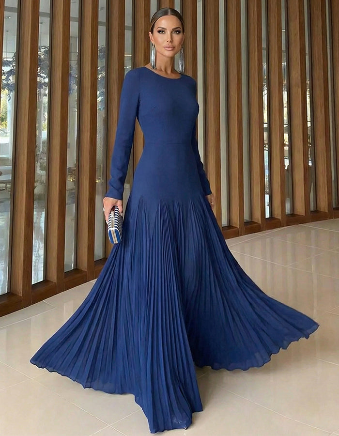 Königsblaues Maxikleid mit langen Ärmeln, plissiertem Fischschwanz