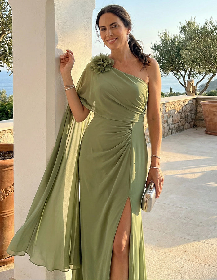 Moosgrünes Chiffon-Ein-Schulter-Maxikleid mit 3D-Blumen und hohem Schlitz