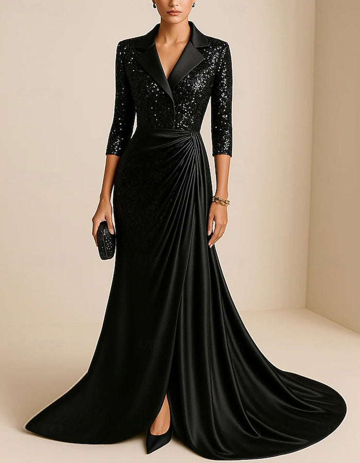 Color Blocked Sequined Suit Collar Satin Train Maxi Dress