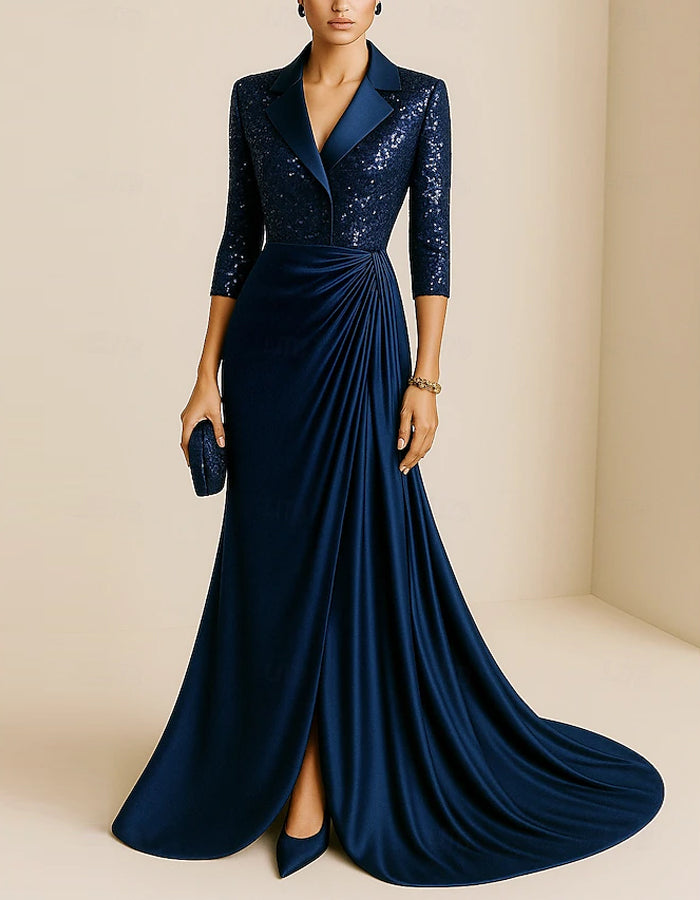 Color Blocked Sequined Suit Collar Satin Train Maxi Dress