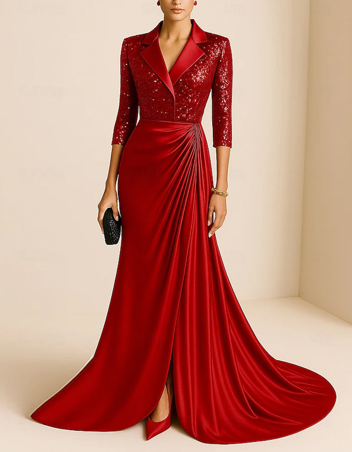 Color Blocked Sequined Suit Collar Satin Train Maxi Dress