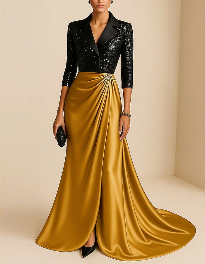 Color Blocked Sequined Suit Collar Satin Train Maxi Dress