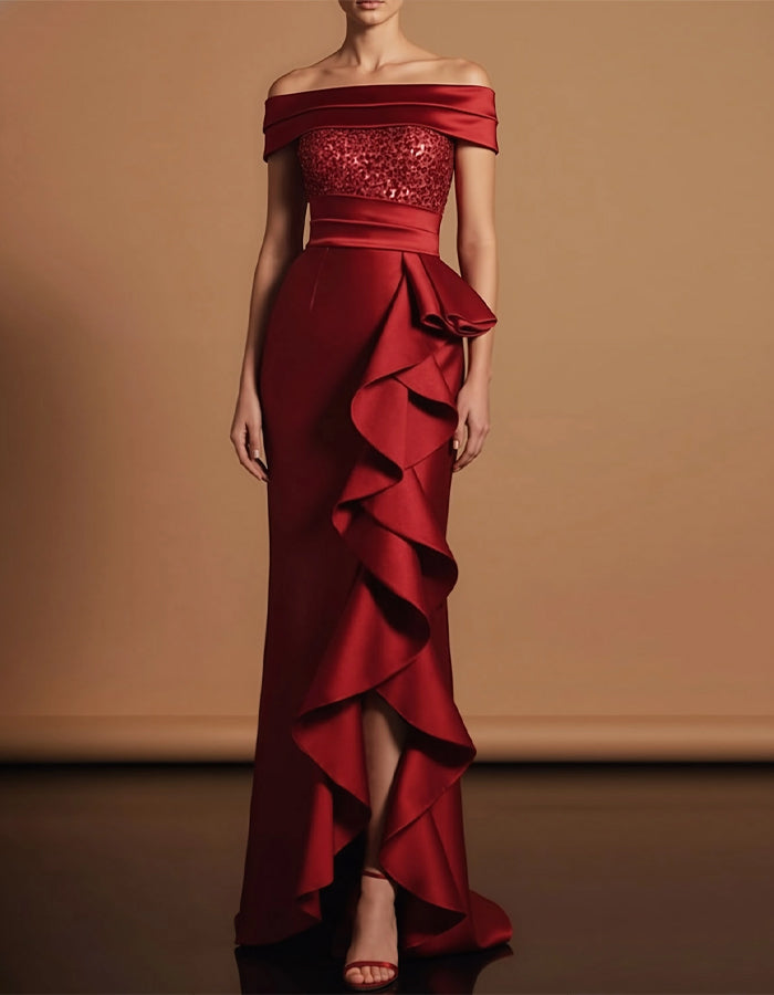 Bordeauxrotes, paillettenbesetztes, trägerloses Maxikleid mit Rüschen